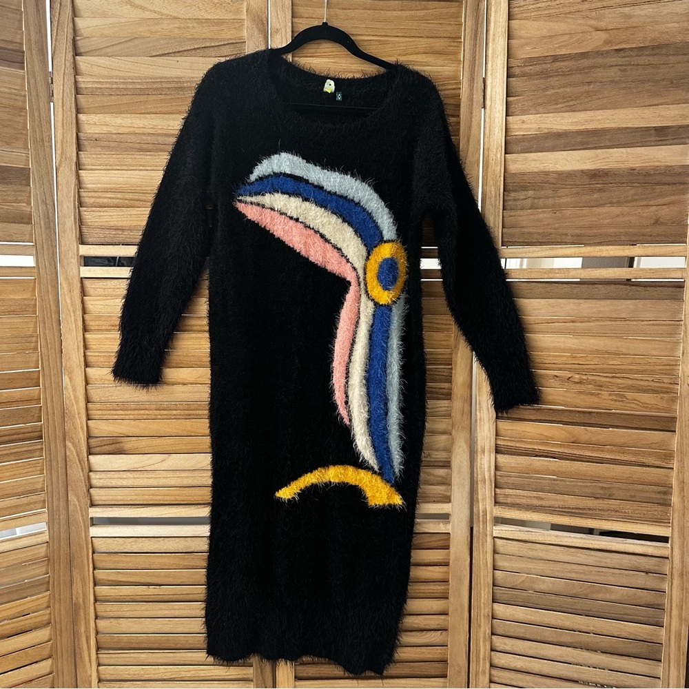 Rare Farm Rio Fuzzy Sweater Dress Bird Print in black size S